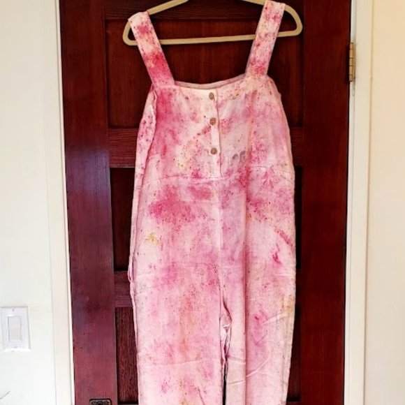 XS Pink/White Sister Nettle Botanically Dyed Butterfly & Flowers Linen Jumpsuit - Picture 5 of 6